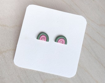 Clay Earrings | Handmade Polymer Clay Stud Earrings | Rainbow Shaped Small Studs | Pink and Green Earrings