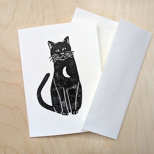 Carte de vœux pour chat, carte de vœux 5 x 7 imprimée à la main avec intérieur vierge, carte de vœux imprimée en bloc avec design de chat, carte de note image 1