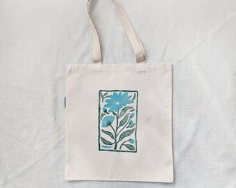 Blue Flower Tote Bag, Block Printed Organic Cotton Canvas Tote Bag with Blue Flower Design, 14.5x15.5 inches