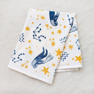Aquarius Tea Towel, 28 x 28 inch Hand Printed Cotton Kitchen Towel with Aquarius Zodiac Print, Small Tablecloth, Square Tabletopper