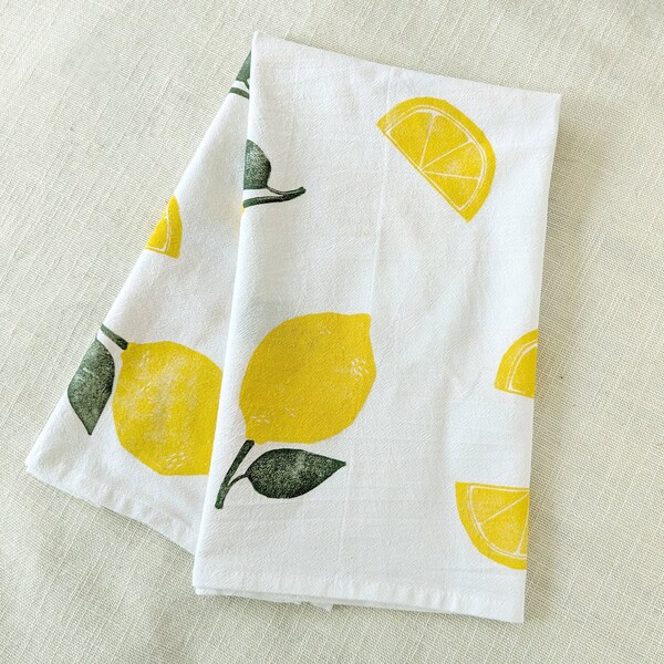 Lemon Tea Towel, 28 x 28 Handprinted Block Print Fabric, Small Tablecloth, Square Table Topper, Summer Kitchen and Dining Decor