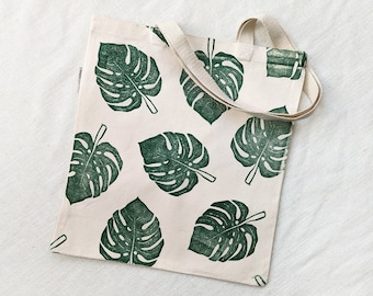 Monstera Tote Bag, Block Printed Organic Cotton Shoulder Bag, 14.5x15.5 inches