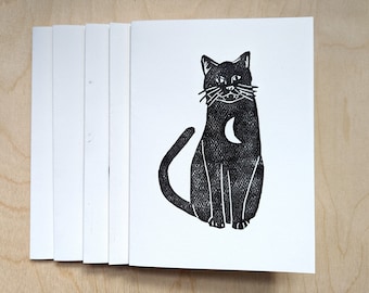Ensemble de 5 cartes de notes de chat, paquet de 5 cartes de vœux de 5x7 pouces faites à la main, carte de chat noire avec intérieur vierge, carte pour Halloween