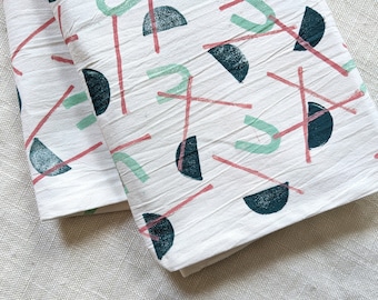 Block Printed Cotton Tea Towel, Geometric Pattern Kitchen Towel, 28 x 28 inch Fabric, Table Topper, Small Tablecloth, Modern Kitchen Decor
