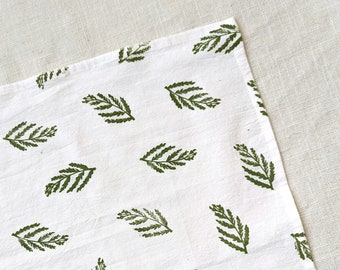Block Printed Tea Towel, 28 x28 inch Cotton Tea Towel with Green Nature Print, Small Tablecloth, Square Table Topper