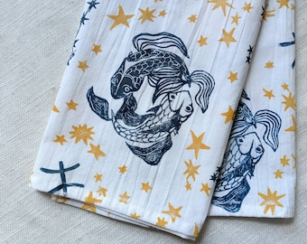 Torchon Poissons, 28 x 28 pouces, torchon en coton imprimé bloc, petite nappe, dessus de table carré
