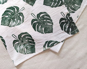 Monstera Tea Towel, 28 x 28 inch Block Printed Cotton Kitchen Towel, Small Tablecloth, Square Table Topper