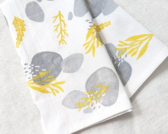 Yellow and Gray Tea Towel, Hand Printed 28x28 inch Block Print Cotton Kitchen Towel with Yellow and Gray Nature Pattern, Table Topper