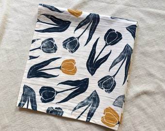 Tulip Tea Towel, Block Printed Cotton Kitchen Towel, 28 x 28 inches, Large Square Kitchen Towel, Spring Kitchen Decor