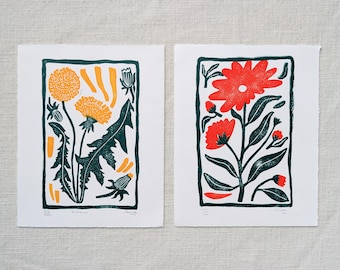Juego de 2 grabados originales en linóleo - Arte de pared de 8x10 pulgadas - Flores rojas y amarillas