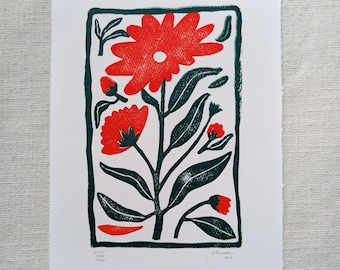 Original Linocut Print - 8x10 Wall Art - Red Orange Flower