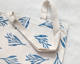 Organic Cotton Canvas Tote Bag, Block Printed Shoulder Bag with Gray Blue Nature Pattern, 14x15.5 inches