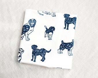 Dog Tea Towel in Navy Blue, Large Block Printed Cotton Kitchen Towel, 28x28 inch Dog Print Fabric, Small Square Tablecloth, Table Topper