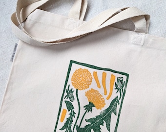 Dandelion Tote Bag, Block Printed Organic Cotton Canvas Bag, 14x15 inches