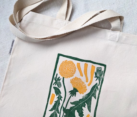 Dandelion Tote Bag, Block Printed Organic Cotton Canvas Bag, 14x15 inches