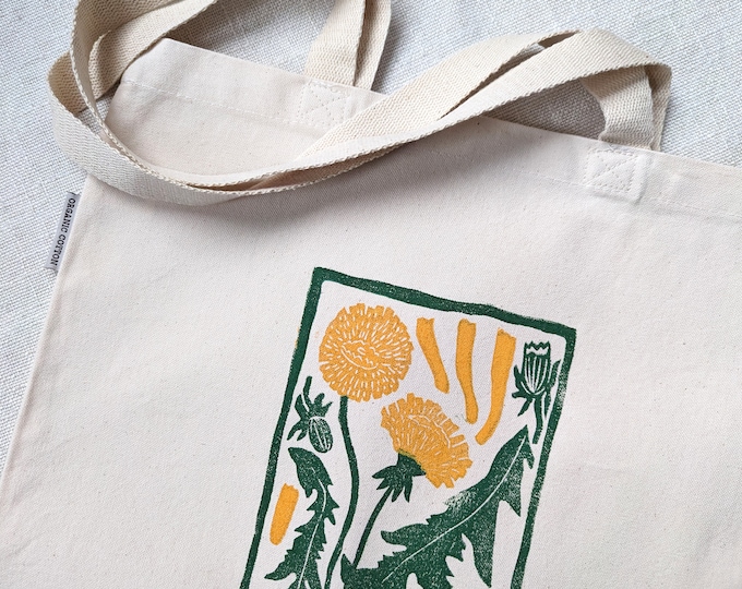 Dandelion Tote Bag, Block Printed Organic Cotton Canvas Bag, 14x15 inches