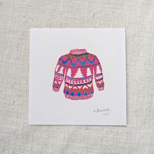 Pink Sweater Linocut Print, 5x5 inches, Handpainted with Gouache