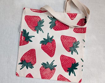 Strawberry Tote Bag - Block Printed - Organic Cotton Canvas - ~14.5x15.5 inches