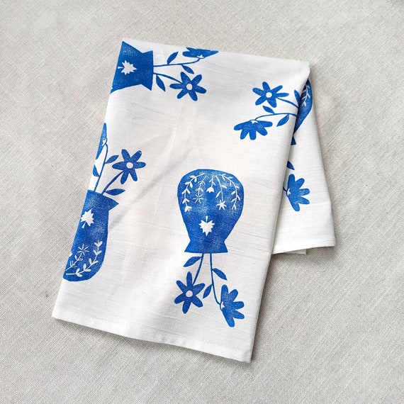 Flower Vase Tea Towel, Block Printed Cotton Tea Towel with Blue Flower Vase Pattern, 28x28 inches