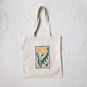 Dandelion Tote Bag, Block Printed Organic Cotton Canvas Bag, 14x15 inches image 2