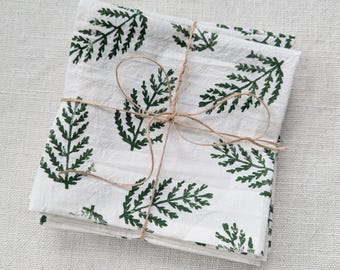 13"x13" Block Printed Fabric Napkins - Cotton Cocktail Napkins - Small Hand Towel - Green Fern Print on Natural White Cotton Fabric