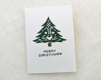 Handmade Christmas Card, Block Printed Holiday Greeting Card with Handpainted Lettering, 5 x7 inches, Blank Inside