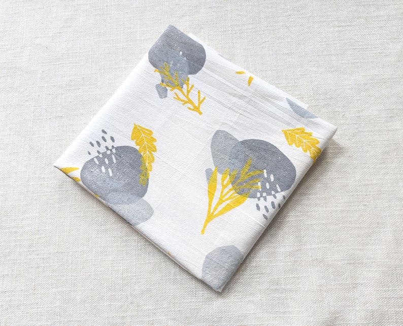 Yellow and Gray Tea Towel, Hand Printed 28x28 inch Block Print Cotton Kitchen Towel with Yellow and Gray Nature Pattern, Table Topper image 5