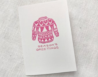 Christmas Sweater Greeting Card, Block Printed/Hand Painted 5x7 inch Greeting Card in Pink, Blank Inside