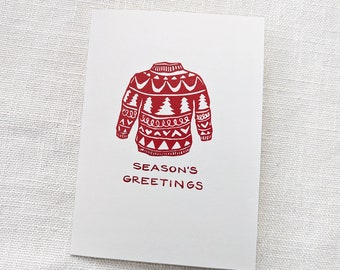 Christmas Sweater Greeting Card, Block Printed 5x7 inch Greeting Card with Hand Painted Lettering, Blank Inside