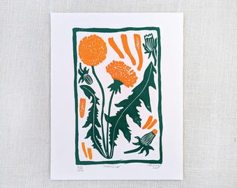 Impression linogravure pissenlit, impression au bloc originale 20 x 25 cm sur papier, art mural - sans cadre