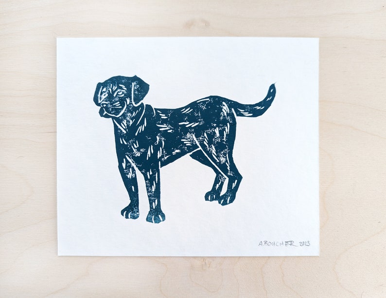 Dog Linocut Print, Black Lab Pit Bull Art Print, Small Wall Art on Paper, Block Print Art, Black Lab Art, Labrador Retriever Print Blue