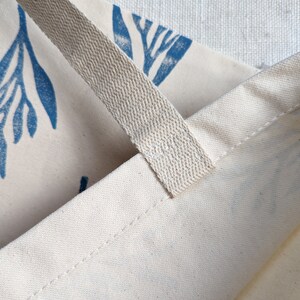 May include: Close-up of a cream-colored tote bag with blue floral print. The bag has a thick, cream-colored cotton strap.