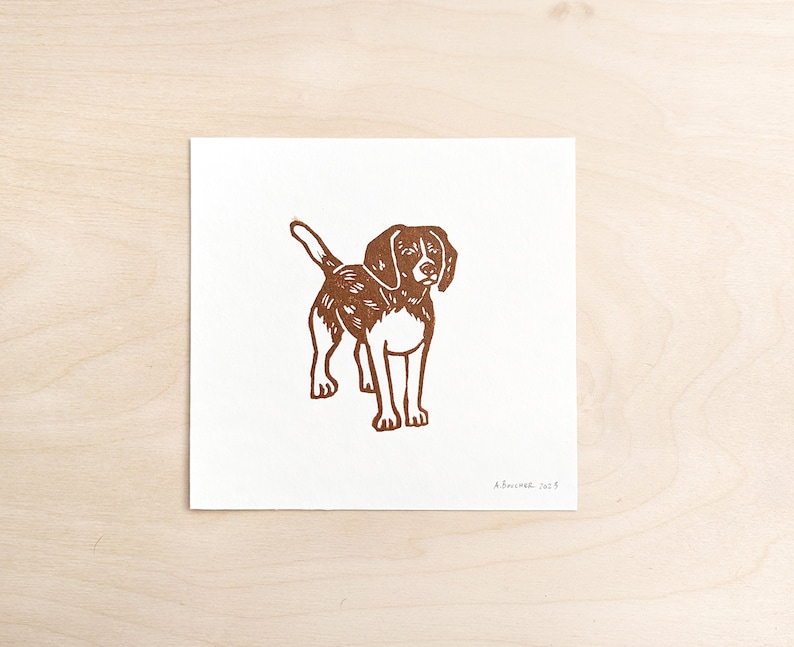 Beagle Dog Art Print, Small 5x5in Square Linocut Print on White Acid-Free Paper, Original Block Print image 1