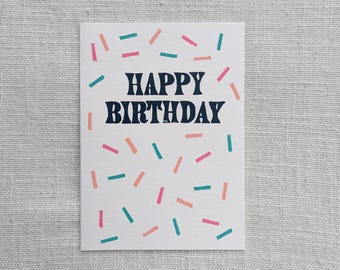 Carte d'anniversaire 5 x 7 - impression linogravure - paillettes d'anniversaire - imprimée à la main