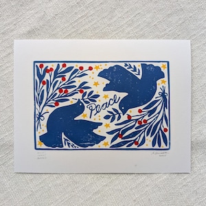 Peace Doves - Handmade Linocut Print - 6x8 inches