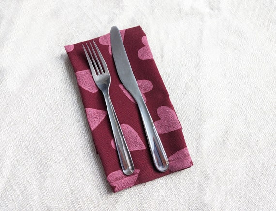 Block Printed Cotton Napkins with Heart Pattern for Valentine's Day, 17 x 17 inch Cotton Fabric, Square Placemat, Table Centerpiece