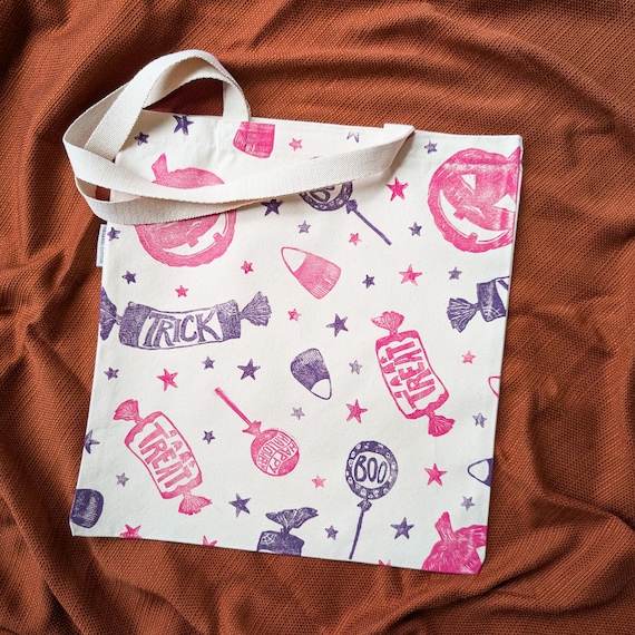 Block Printed Halloween Trick or Treat Tote Bag – Organic Cotton Canvas - 14x15 inches - Pink and Purple
