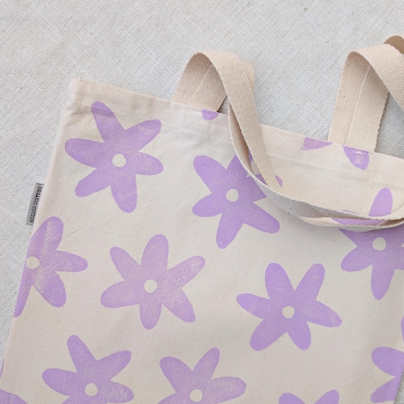 Handprinted Floral Tote Bag - Lilac Purple Flowers on Organic Cotton Canvas - ~14.5x15.5 inches