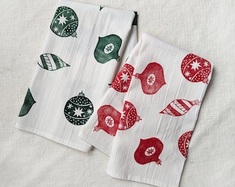 Set of 2 Tea Towels, Block Printed Red and Green Christmas Ornament Tea Towels, 28x28 inches, Cotton