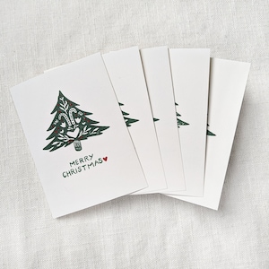 Set of 5 Christmas Tree Cards, Block Printed/Hand Painted 5x7 inch Greeting Card in Dark Green and Red, Blank Inside
