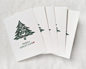 Lot de 5 cartes de voeux pour arbre de Noël, imprimées/peintes à la main, 5 x 7 pouces en vert foncé et rouge, vierges à l'intérieur