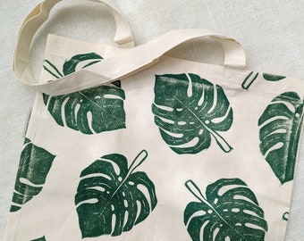 Monstera Tote Bag, Block Printed Organic Cotton Shoulder Bag, 14.5x15.5 inches