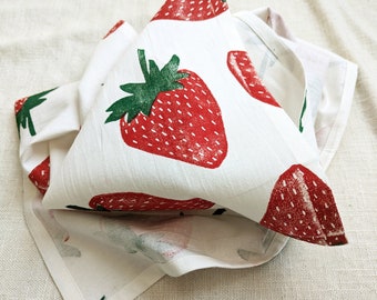 Strawberry Tea Towel - 28x28 inch Block Printed Kitchen Towel with Strawberry Pattern - Table Topper - Small Tablecloth - Summer Decor