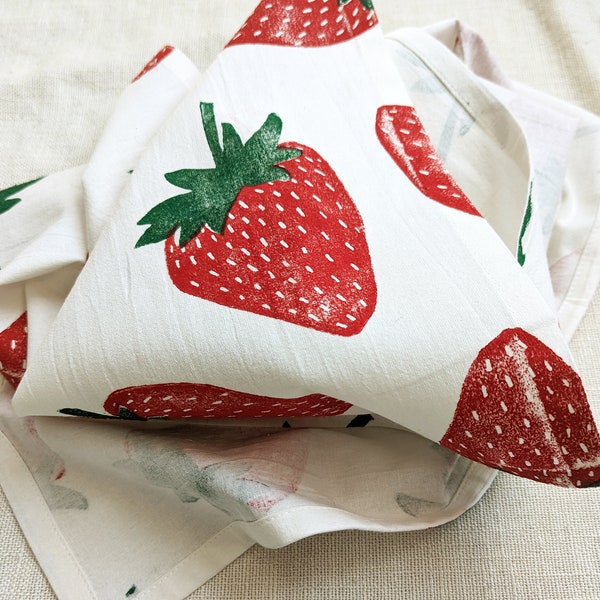 Strawberry Tea Towel - 28x28 inch Block Printed Kitchen Towel with Strawberry Pattern - Table Topper - Small Tablecloth - Summer Decor