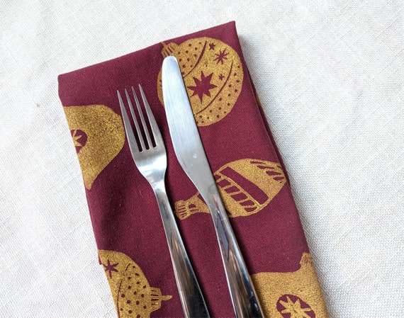 Cotton Dinner Napkins, 17x17in Block Printed Cloth Napkins with Christmas Ornament Pattern, Square Tablecloth, Table Topper, Table Linens