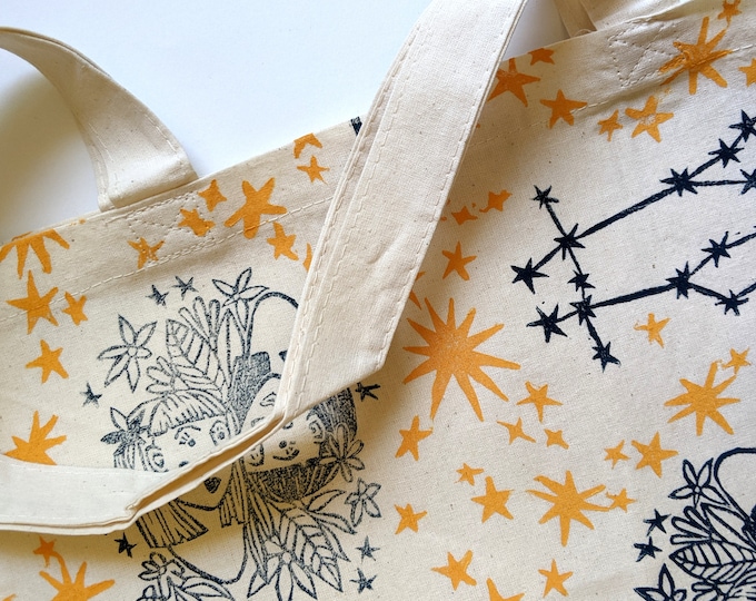 Gemini Tote Bag, Organic Cotton Bag, Reusable Bag, Fabric Shoulder Bag, Block Print Tote Bag, Handprinted