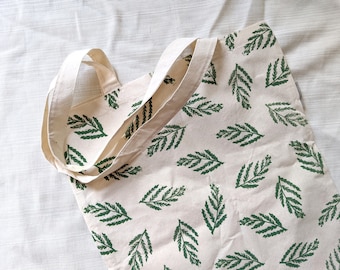 Block Printed Organic Cotton Tote, Fern Tote Bag, Plant Tote, Printed Shoulder Bag, Gift for Friend, Nature Pattern Tote Bag