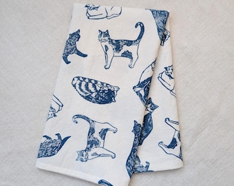 Block Printed Cat Tea Towel, Navy Blue on White Cotton - 28x28 inches