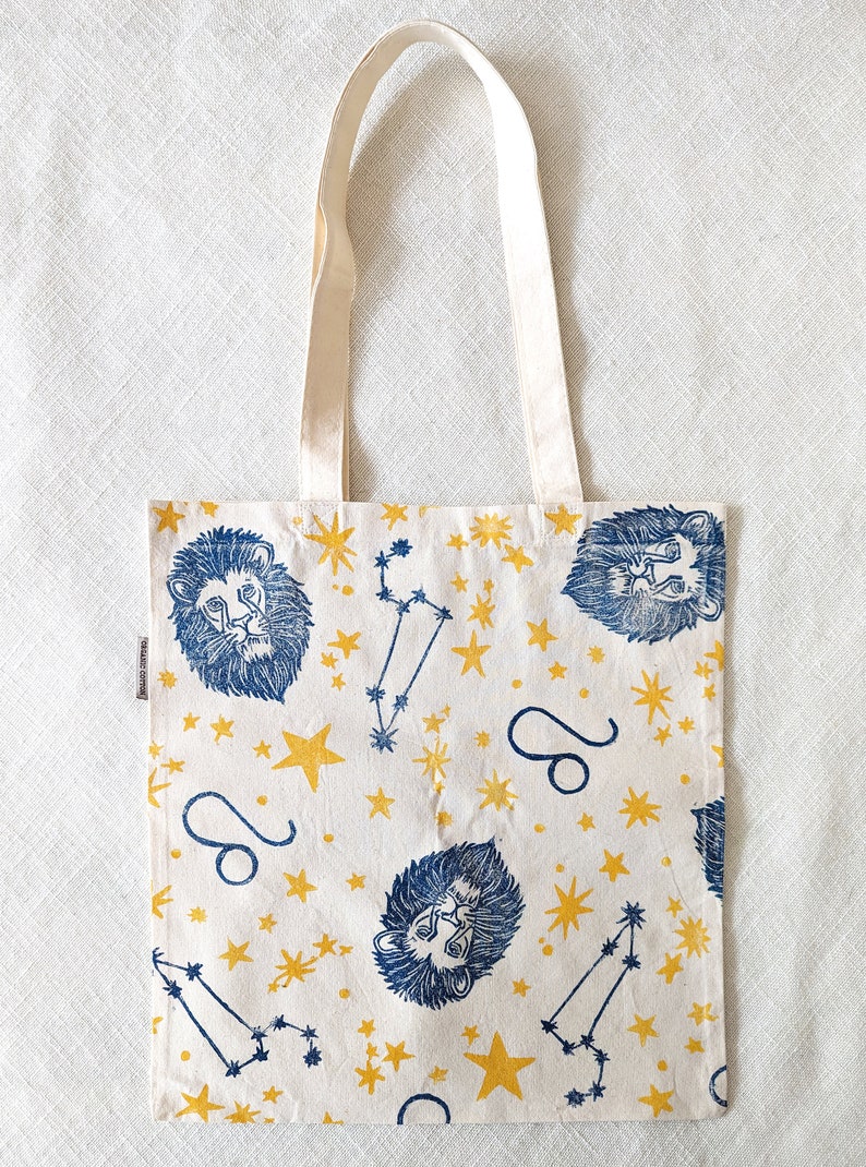 Leo Organic Cotton Tote Bag, Handprinted Tote, Shoulder Bag, August Birthday Gift, Gift for Leo, Zodiac Tote, Astrology Gift image 4