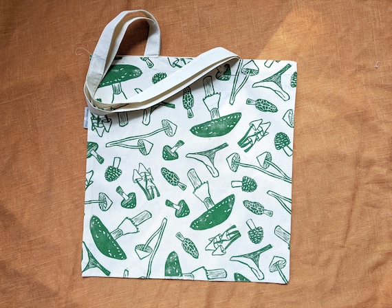 Mushroom Tote Bag, Block Printed 14 x 16in Organic Cotton Shoulder Bag with Green Mushroom Print